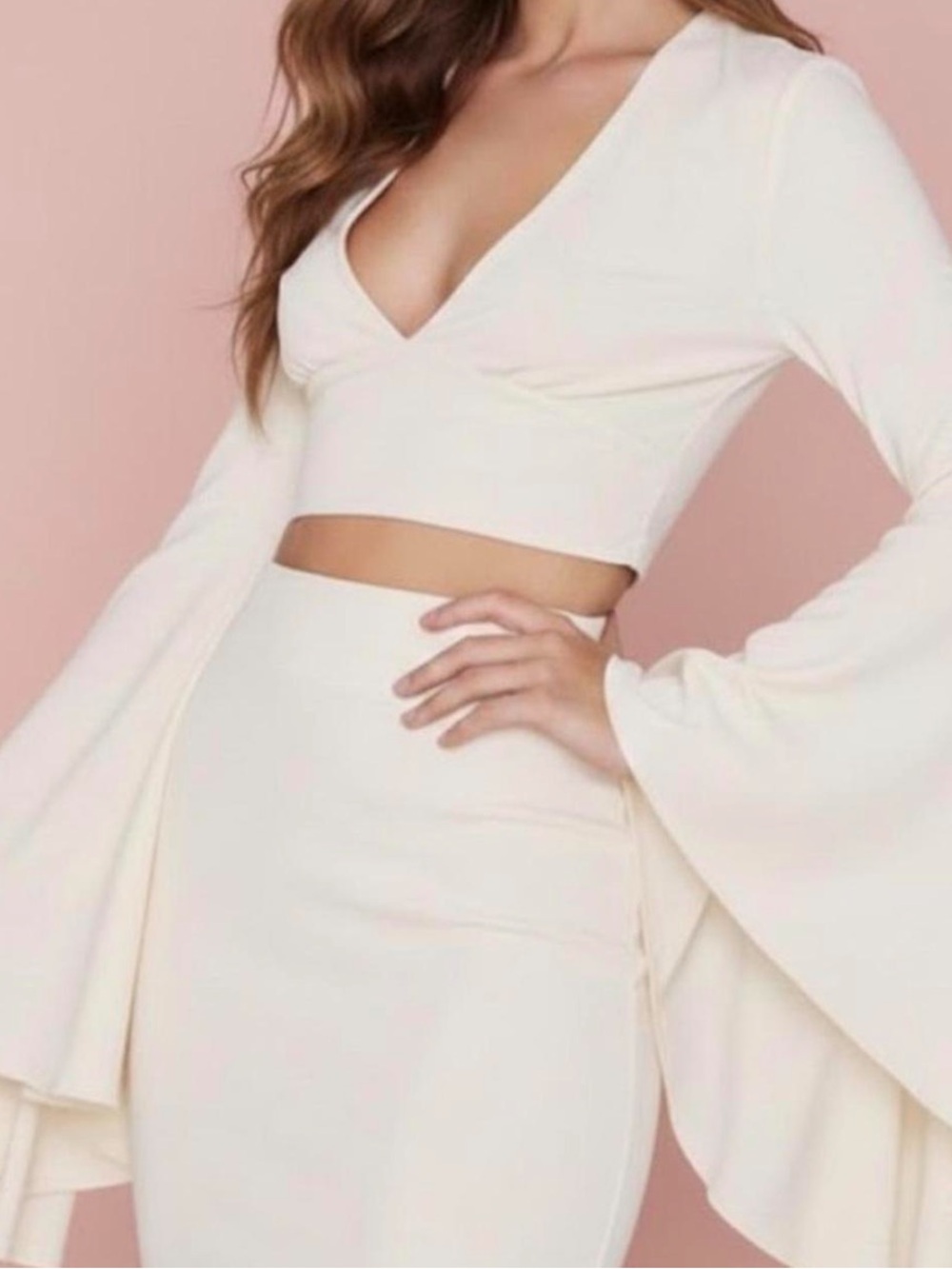 Crop Top Cream XS Nasty Gal Satin Dramatic Flared Sleeve Blouse - Picture 8 of 8